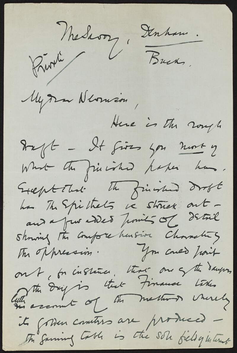 Letter from Roger Casement to Henry Woodd Nevinson regarding his report on the Putumayo atrocities and the actions of the people behind them, mainly the Peruvian Amazon Company,