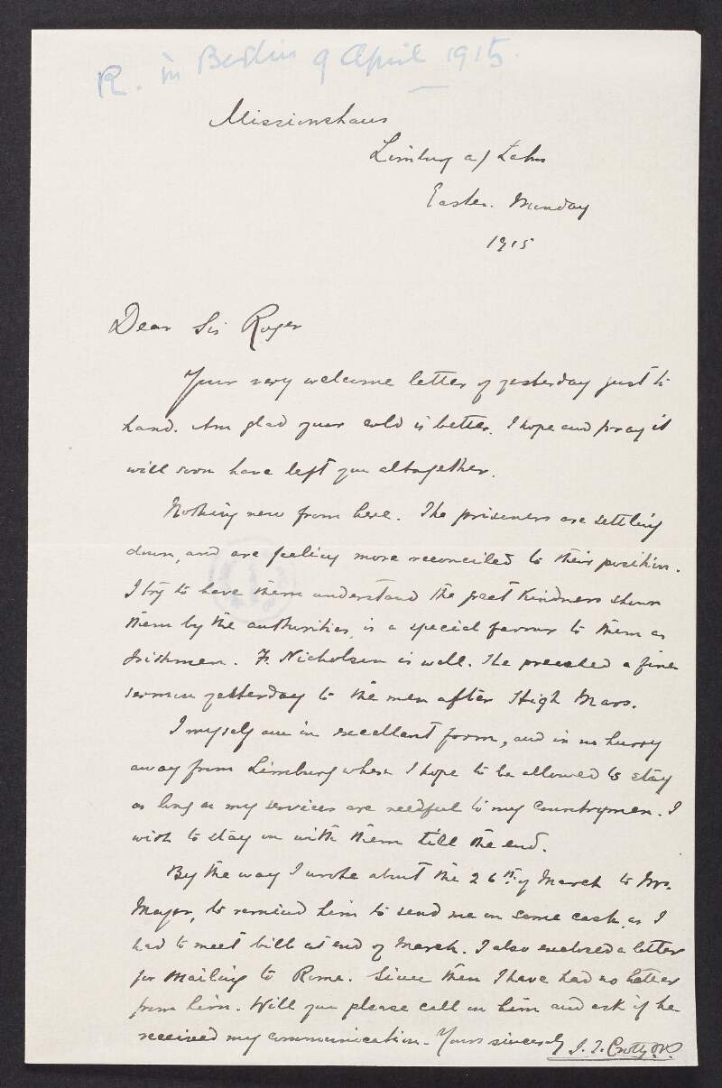 Letter from Rev. Thomas Crotty to Roger Casement regarding the morale of the Irish prisoners and asking for his assistance in contacting Meyer for cash,