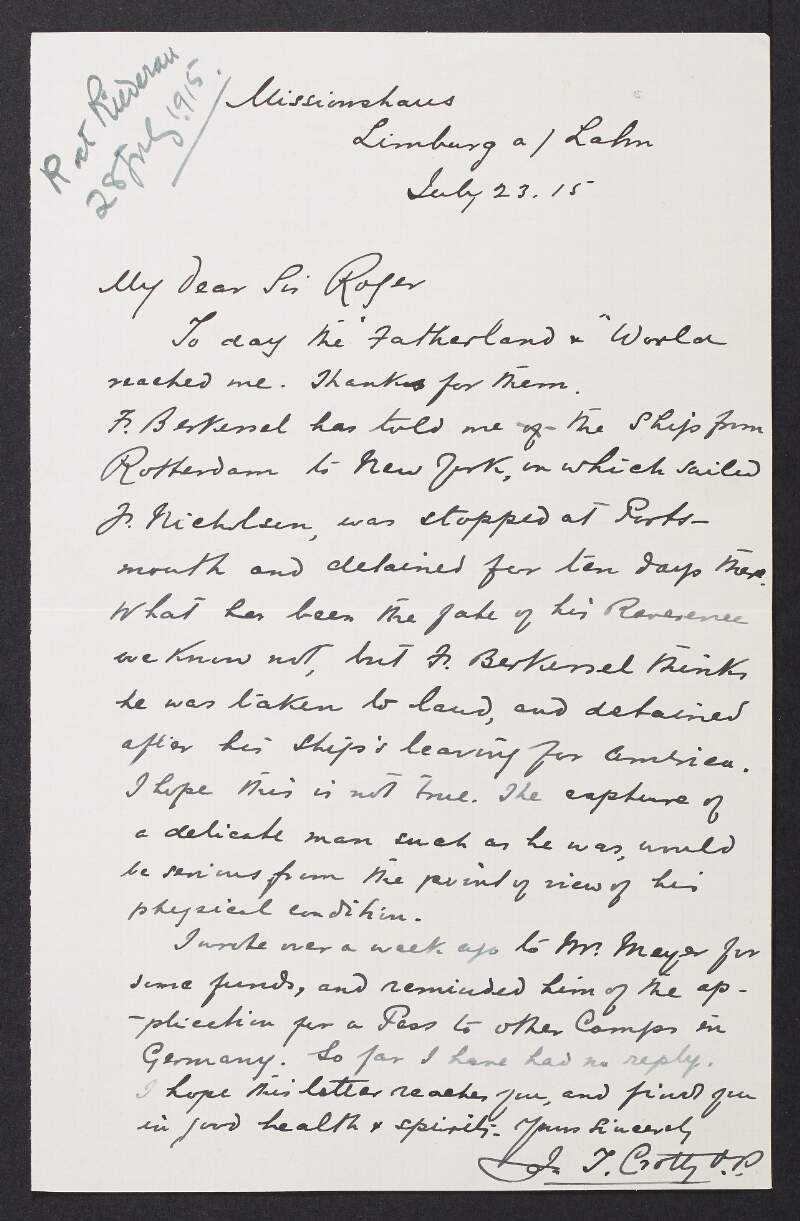 Letter from Rev. Thomas Crotty to Roger Casement regarding the possible capture by the British of Rev. John T. Nicholson,