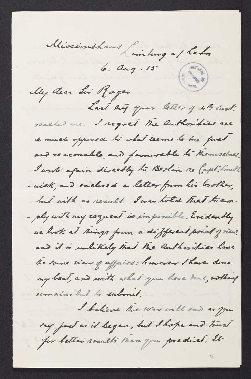 Letter from Rev. Thomas Crotty to Roger Casement regarding the rejection of his application for a pass to visit Irish prisoners, the current state of things at Limburg and news of other priests,