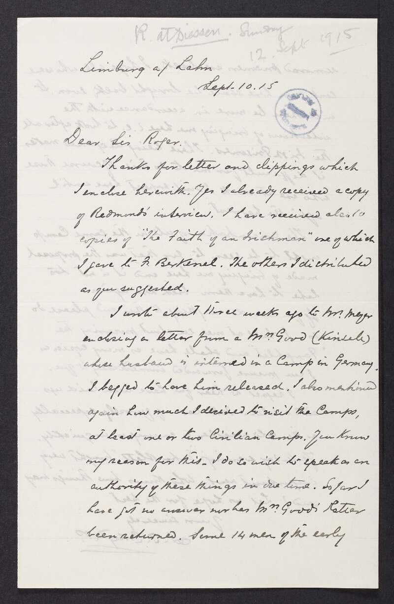 Letter from Rev. Thomas Crotty to Roger Casement asking for his assistance in placing all Irish prisoners in the same camp, and a lack of communication from "Meyer",
