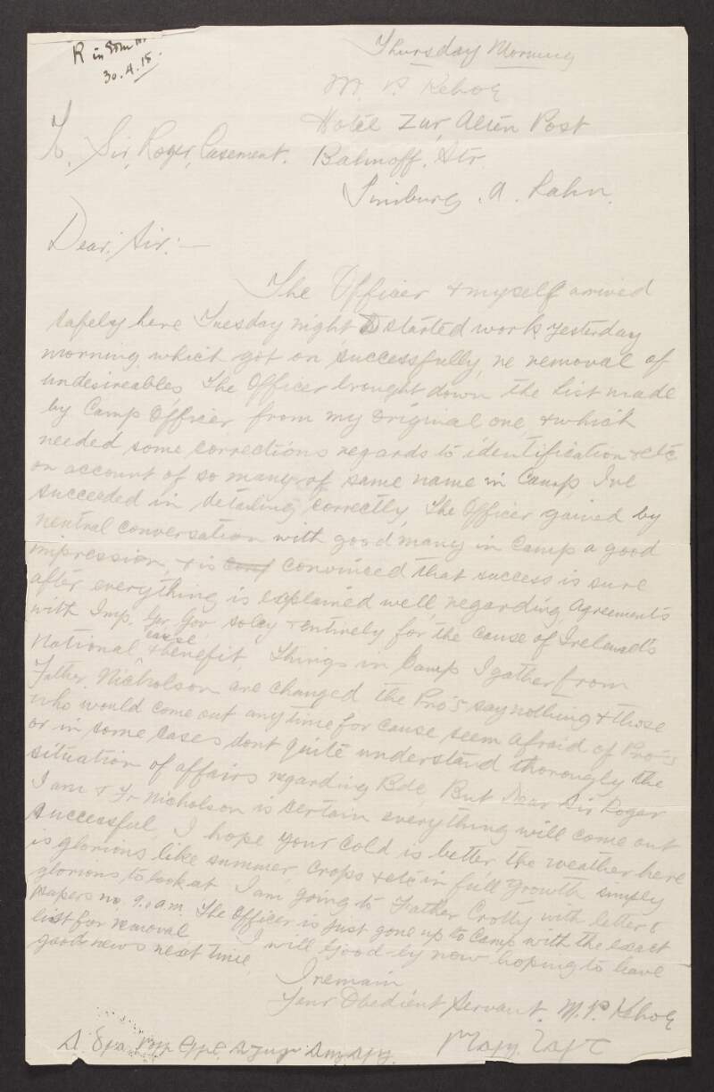 Letter from Michael Kehoe [Keogh] to Roger Casement regarding the removal of "undesirables" from the prison camp and his hopes that the Irish Brigade will now flourish there,
