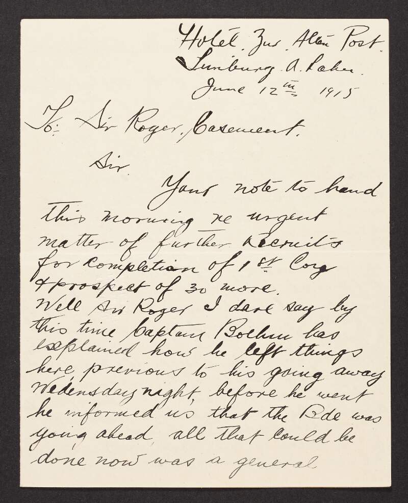 Letter from Michael Kehoe [Keogh] to Roger Casement regarding issues with convincing more men to join the Irish Brigade,