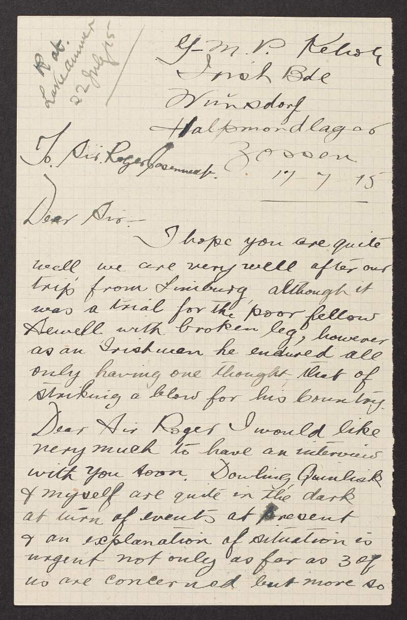 Letter from Michael Kehoe [Keogh] to Roger Casement regarding the removal of the Irish Brigade to Zossen and a delay in receiving their pay,