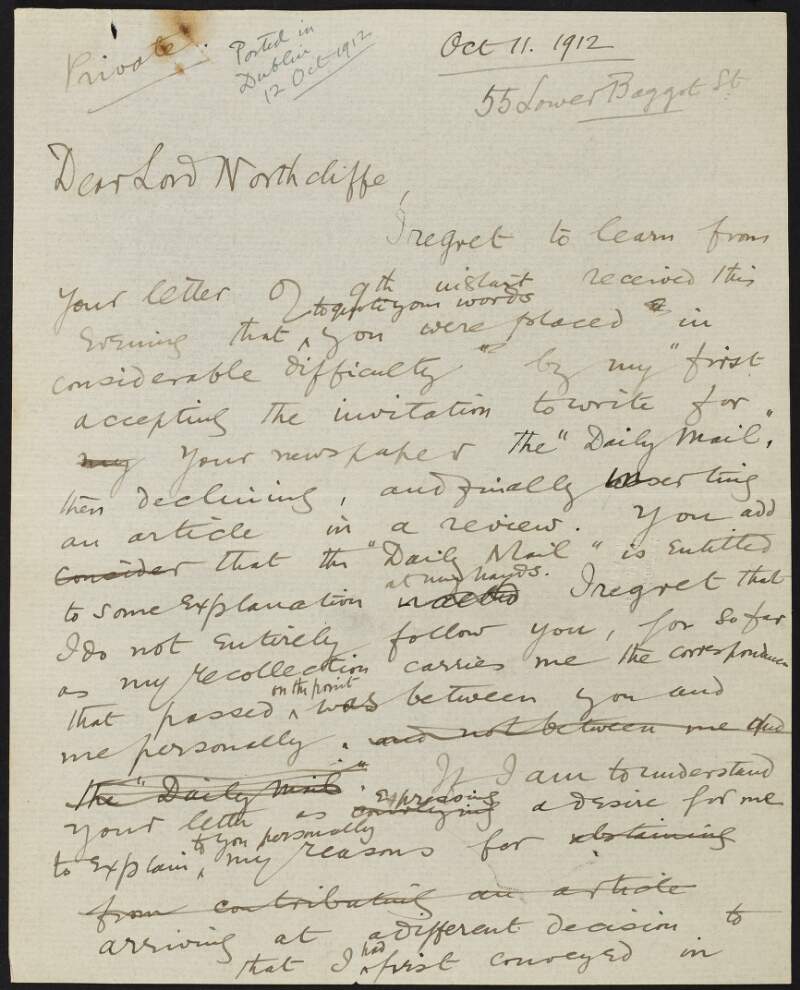 Draft letter from Roger Casement to Lord Northcliffe regarding a misunderstanding concerning Casement declining to write for the newspaper the 'Daily Mail' and an article that appeared in a review regarding the Putumayo Mission Fund,