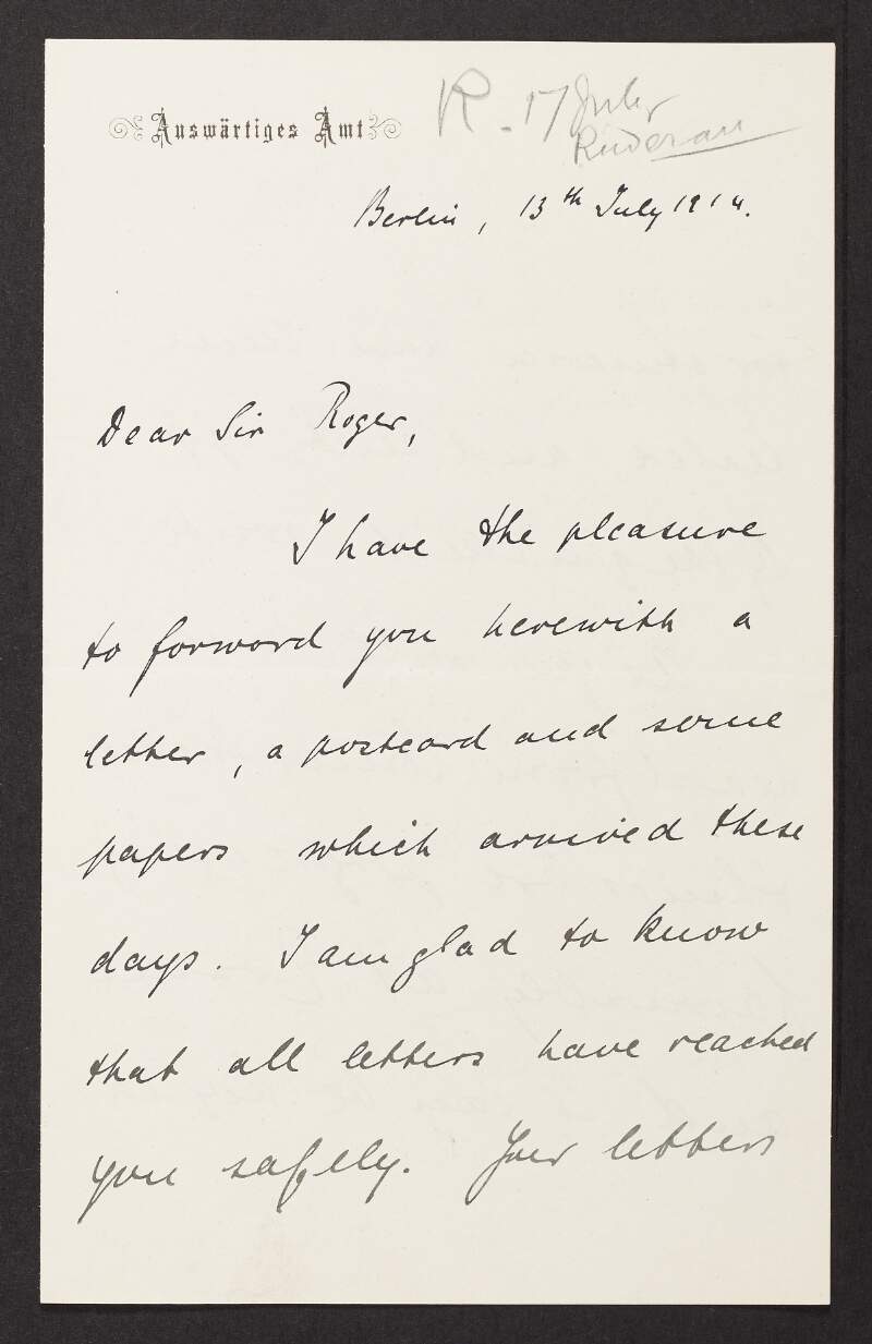 Letter from Richard Meyer to Roger Casement regarding arrangements for forwarding his mail and his hopes that the Irish Brigade will be in uniform soon,