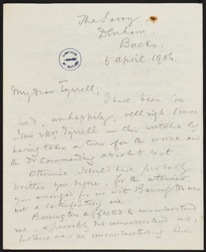 Draft letters from Roger Casement to Sir William Tyrrell regarding an unsatisfactory interview with Sir Eric Barrington and his treatment by the Foreign Office concerning his report on the Congo atrocities,