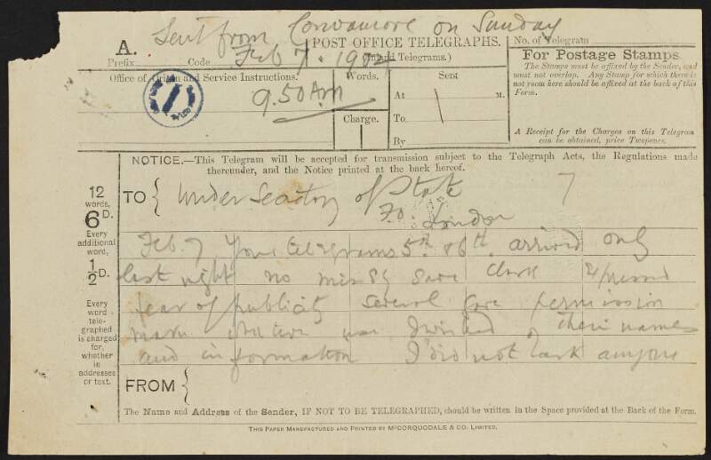Copy telegram from Roger Casement to the Foreign Office regarding the publication of his report on the Congo atrocities and the question of including or omitting names,