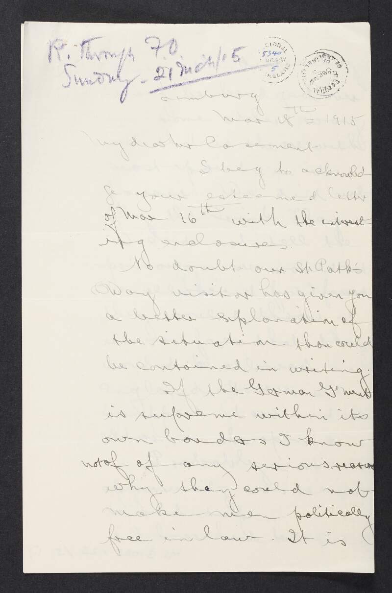Letter from Rev. John T. Nicholson to Roger Casement regarding St. Patrick's Day at Limburg, German abuses of prisoners and ideas for promoting the Irish Brigade,