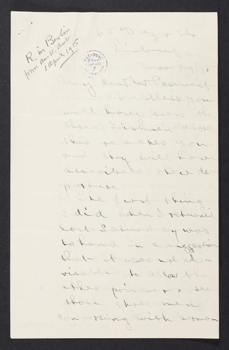 Letter from Rev. John T. Nicholson to Roger Casement regarding three Irish Brigade members who have left the camp and his hopes of getting a list of men who are in the camp under false pretenses,