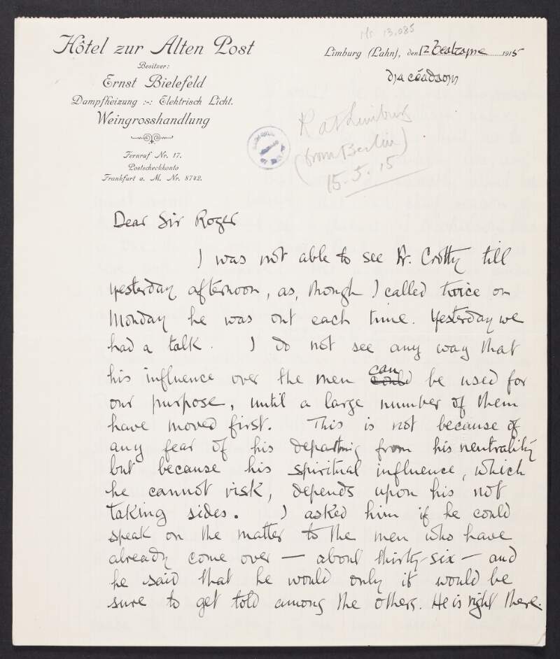 Letter from Joseph Mary Plunkett to Roger Casement regarding the position of Rev. Thomas Crotty with the Irish prisoners and what part he could play in recruiting them to the Irish Brigade,