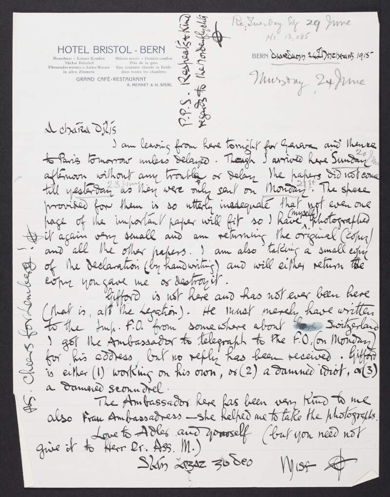 Letter from Joseph Mary Plunkett to Roger Casement regarding his travel plans for leaving Germany and efforts to contact Gifford,