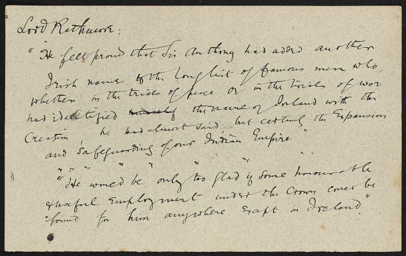 Copy letter from Roger Casement to Lord Rathmore regarding "Sir Anthony's" views of Ireland,