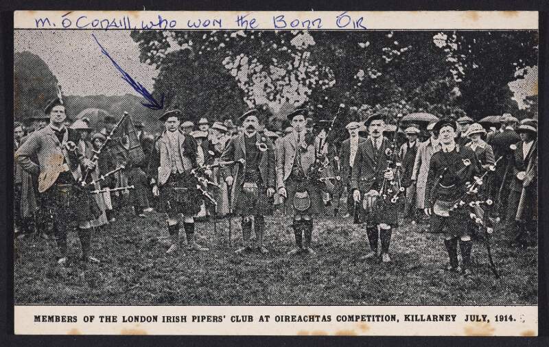 Members of the London Irish Pipers' Club at Oireachtas competition, Killarney, July, 1914