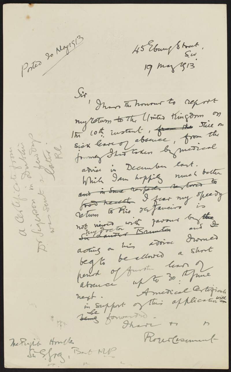 Copy letter from Roger Casement to Sir Edward Grey requesting additional leave of absence,