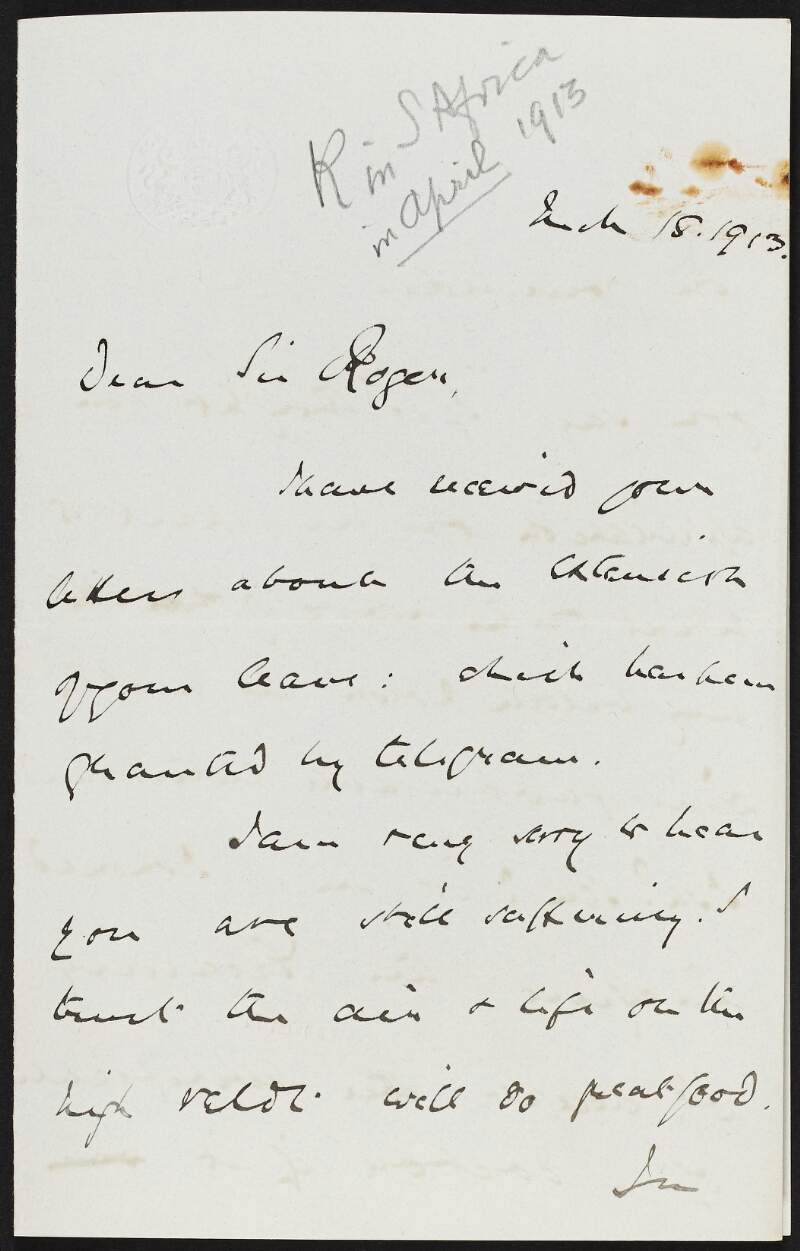 Letter from Algernon Law to Roger Casement regarding Casement retiring from the Consular service due to his ill health,