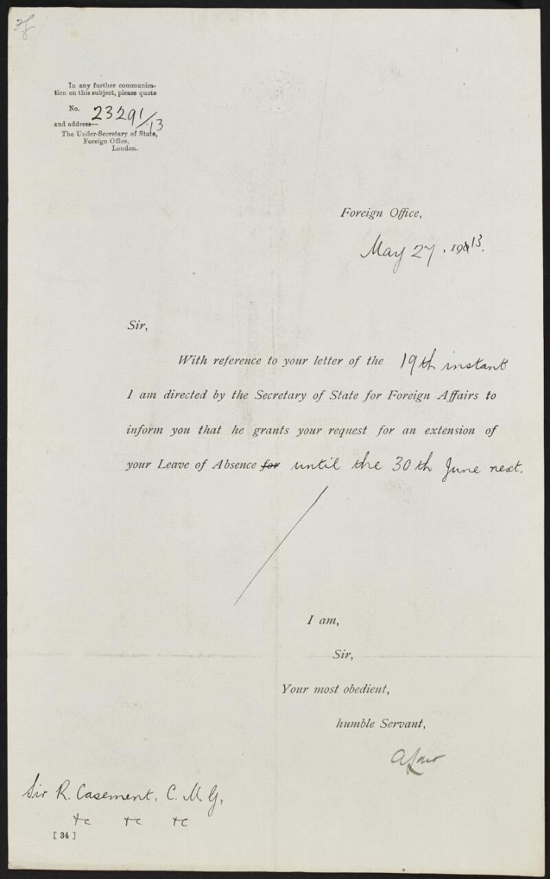Letter from Algernon Law to Roger Casement granting an extension of leave of absence,