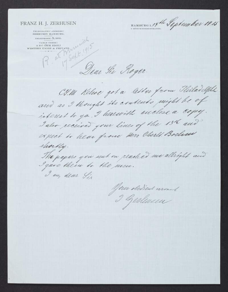 Letter from Franz H.J. Zerhusen to Roger Casement enclosing a copy of a letter received by Michael Kehoe [Keogh] regarding attempts to track down friends in America,