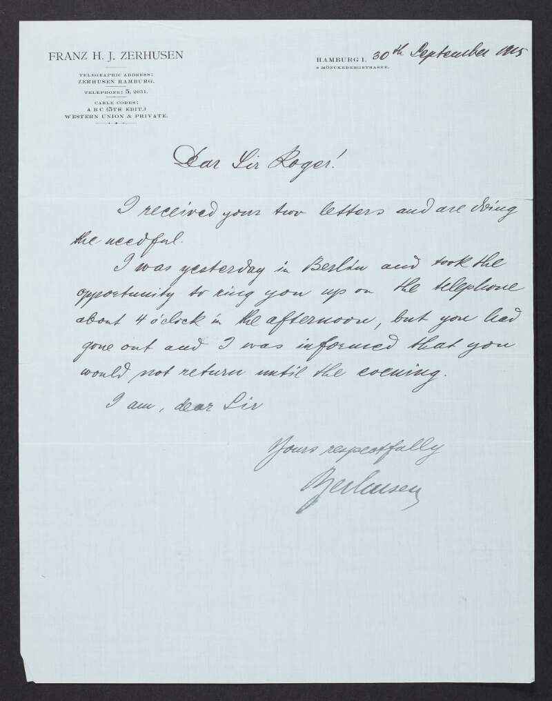 Letter from Franz H.J. Zerhusen to Roger Casement regarding a failed attempt to meet Casement in Berlin,