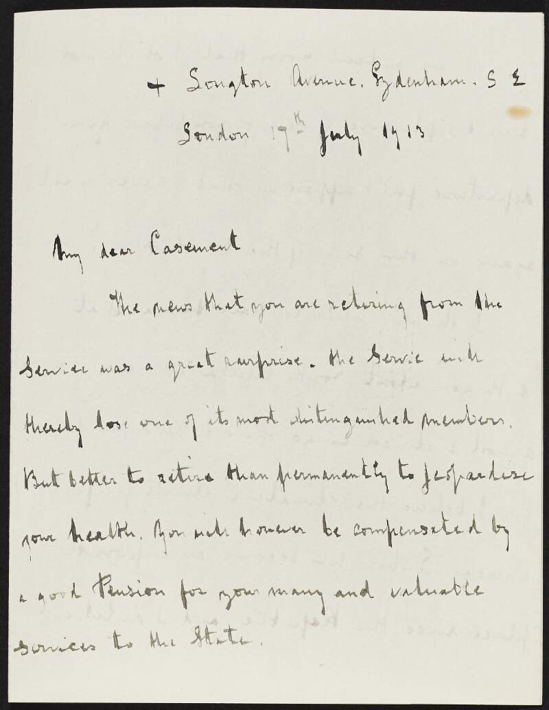 Letter from Francis H. Cowper to Roger Casement regarding Casement's retirement from the consular service and discussing potentially moving to South Africa,