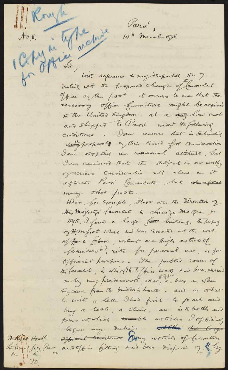 Copy letter from Roger Casement to Sir Edward Grey regarding office furniture in Pará and providing a list of furniture needed,