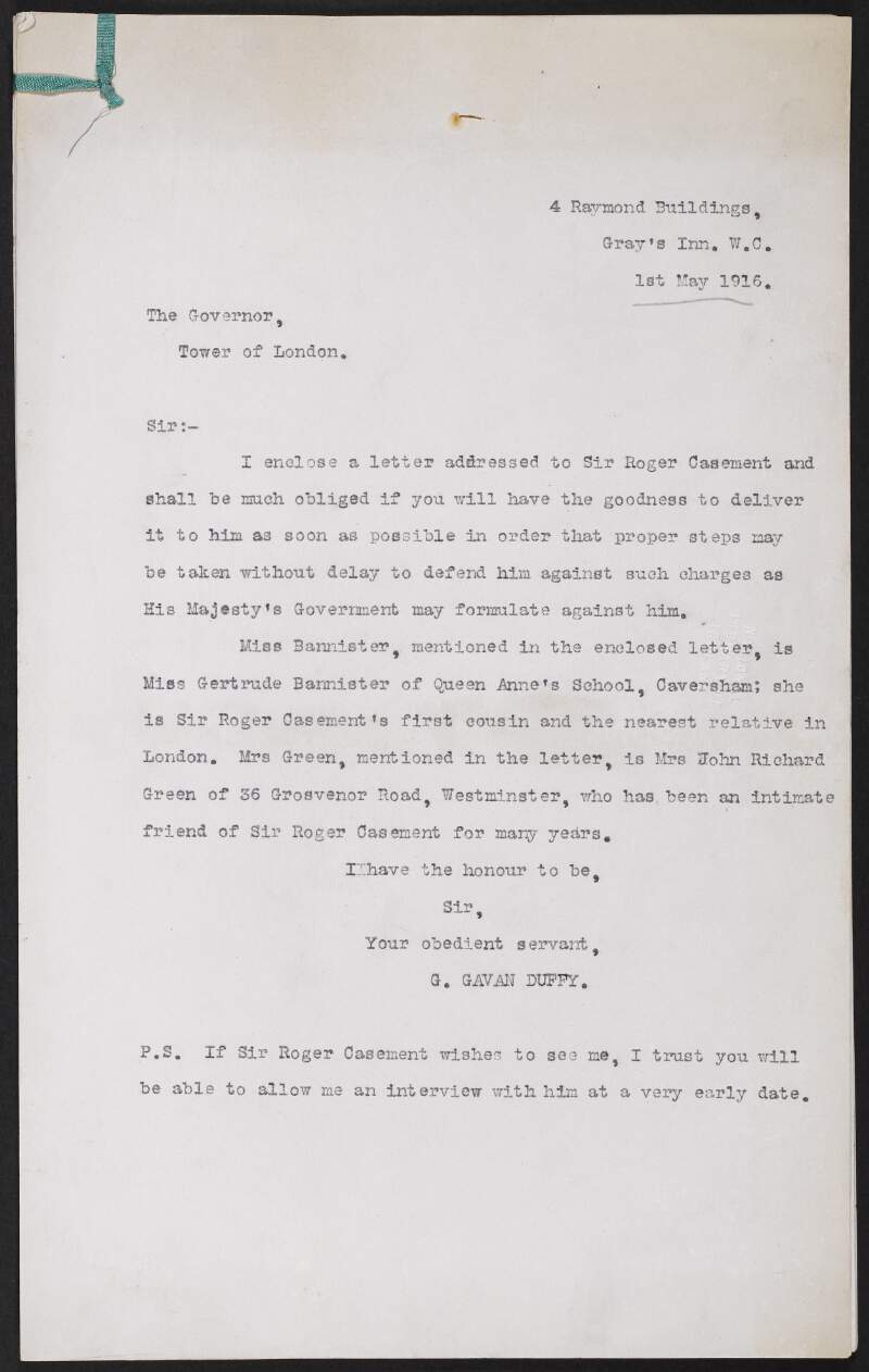 Copy correspondence of George Gavan Duffy with various individuals relating to the arrangement of his representation of Roger Casement at his trial,