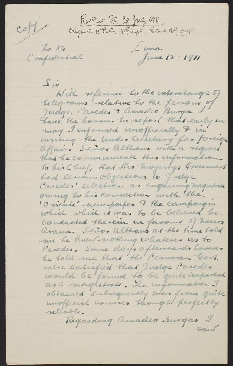 Copy letter from Lucien Jerome to Sir Edward Grey objecting to the appointment of Romulo Paredes as magistrate to the commission of enquiry on the grounds of his relationship with the Arana brothers of the Peruvian Amazon Company,