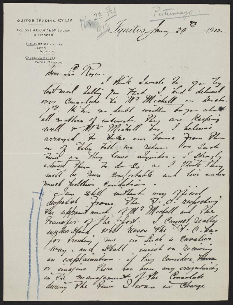 Letter from David Cazes to Roger Casement discussing the treatment he has received at the hands of the Foreign Office over the appointment of "Mr Mitchell" to the consulate in Iquitos,