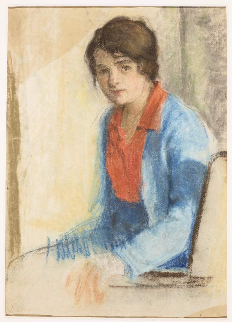 Pastel sketch of an unidentified girl wearing an orange blouse, blue skirt and blue cardigan, seated