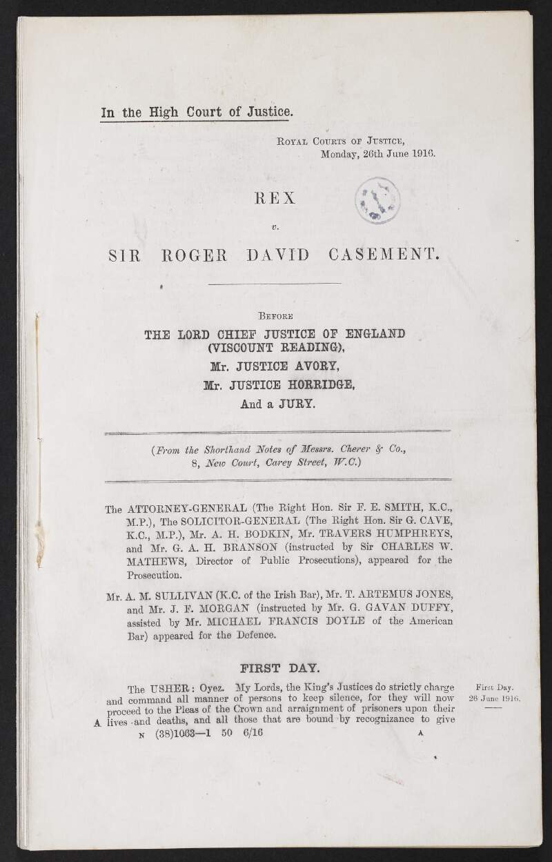 Transcript of shorthand notes of "Messrs. Chere & Co." detailing evidence of the first day of the trial of Rex. V. Sir Roger Casement,