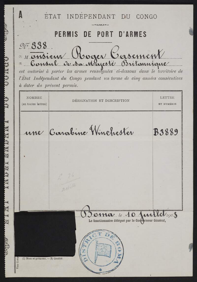 Permit allowing Roger Casement to carry a Carabine Winchester,