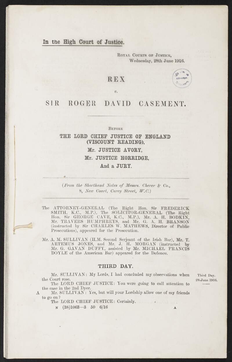 Transcript of shorthand notes of "Messrs. Chere & Co." detailing evidence of the third day of the trial of Rex. V. Sir Roger Casement,