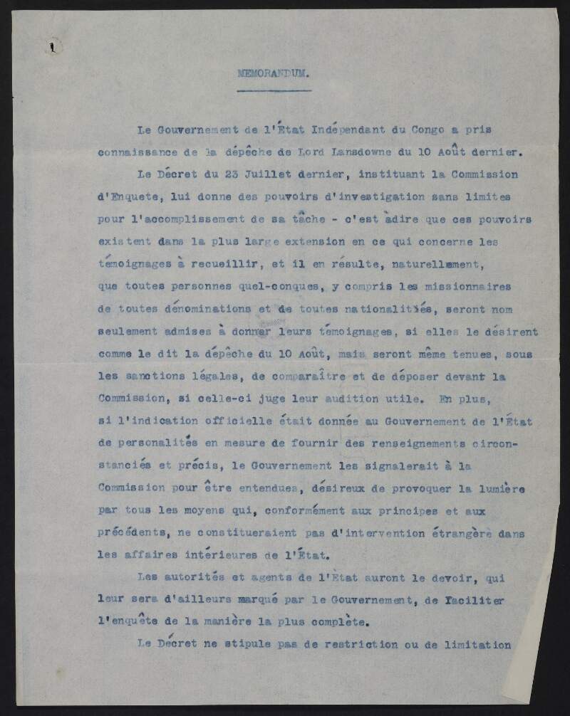 Memorandum from the Congo Free State to the Marquess of Lansdowne,