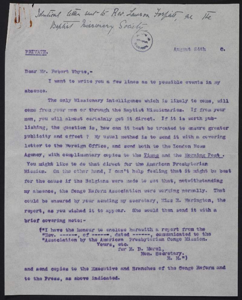 Letter from E. D. Morel to Robert Whyte regarding a publicity campaign by the Congo Reform Mission and other missionary associations aganist the Belgian annexation of the Congo Free State,