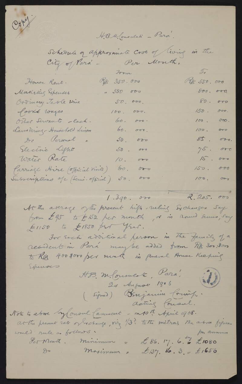 Copy of schedule of Approximate Cost of Living in the City of Pára,