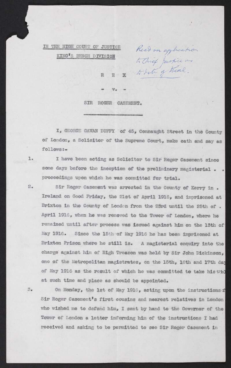 Copy affidavit of George Gavan Duffy in the case of Rex. V. Sir Roger Casement, including annotated notes,