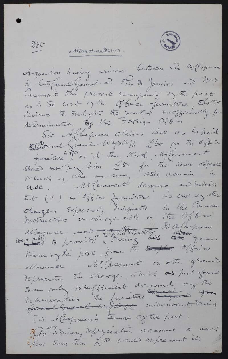 Draft memorandum regarding a disagreement between Sir Roger Casement and Sir A. Chapman regarding furniture expenses,