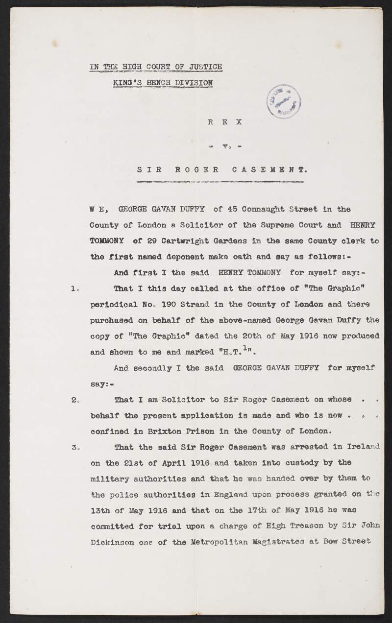 Affidavit of George Gavan Duffy in the case of Rex. V. Sir Roger Casement,