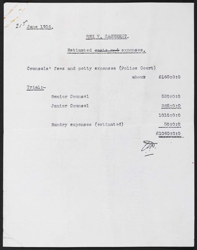 Estimated expenses and cash received to cover costs in the case of Rex. V. Roger Casement,