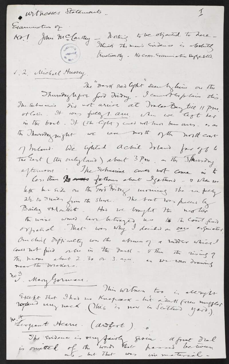 Roger Casement's notes on his examination of witnesses statements,