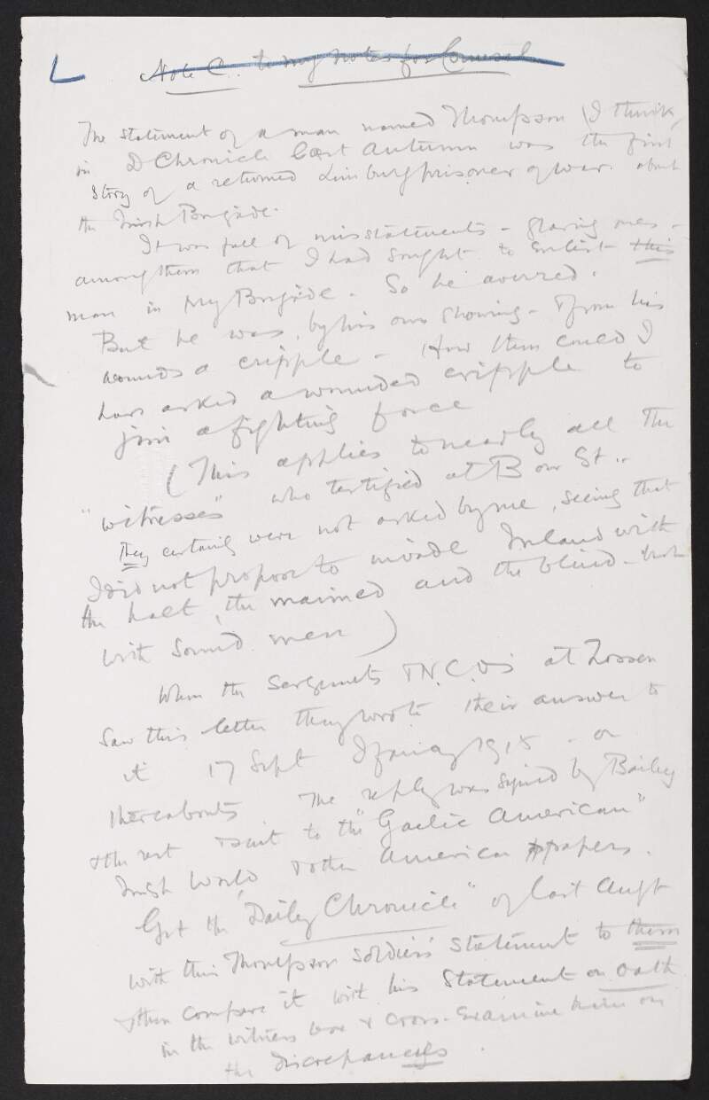 Notes by Roger Casement titled "L" with title "Note C. to my notes for Counsel",