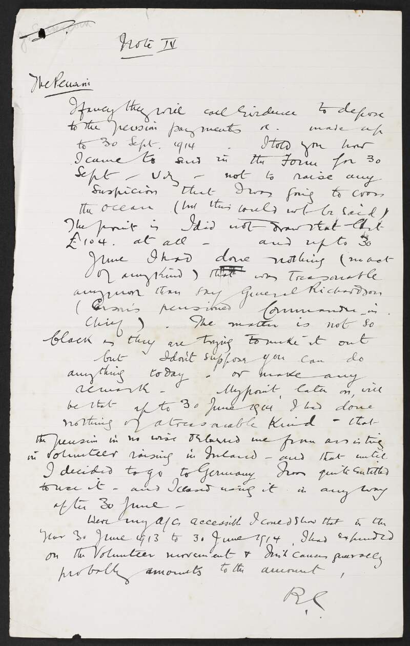Roger Casement's notes on the pension payments he received from the Foreign Office, titled "Note IV",