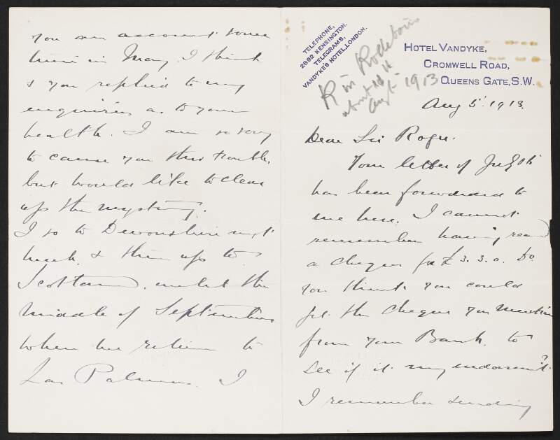 Letter from Dr. Francis G. Cross, London, to Roger Casement regarding a cheque,