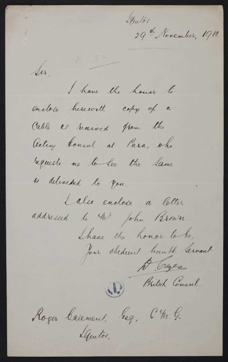 Letter from David Cazés to Roger Casement regarding a cablegram from Sir Edward Grey to Roger Casement,