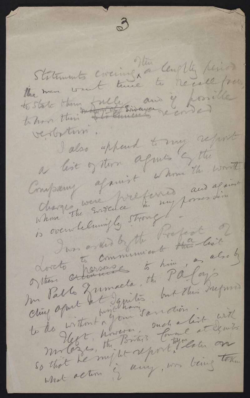 Draft letter from Roger Casement pertaining to a list of names of those deemed criminally resonsible for the Putumayo atrocities,
