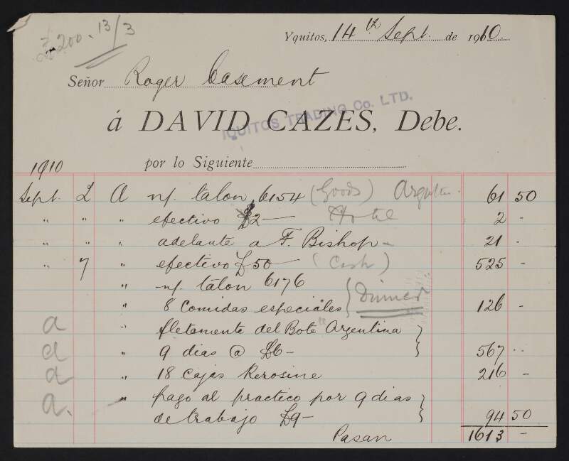 Bill from David Cazés, charged to Roger Casement,