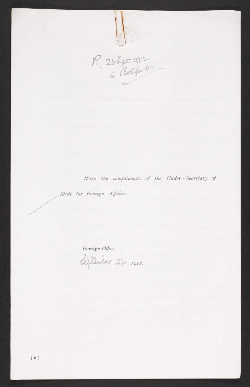 Copy letter from "S. Restrepo", Colombian secretary of Legation, to Sir Edward Grey regarding the punishment of those repsonsible in the Putumayo atrocities, the lack of involvement of the Peruvian government and the views of Colombian government, forwarded on from the under-secretary of state for foreign affairs to Roger Casement,
