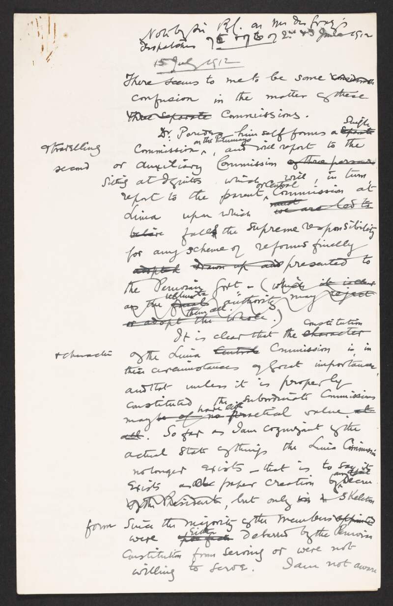 Notes by Roger Casement of Charled des Graz's despatches concerning Commissions to the Putumayo,