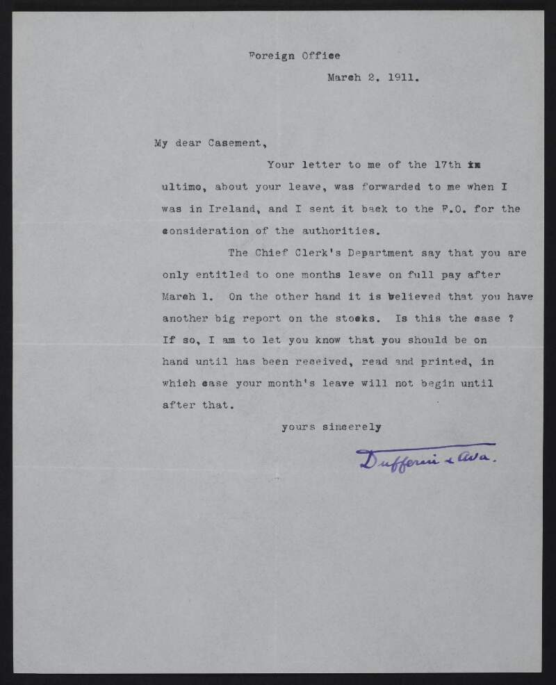 Letter from the Marquess of Dufferin and Ava to Roger Casement regarding leave,