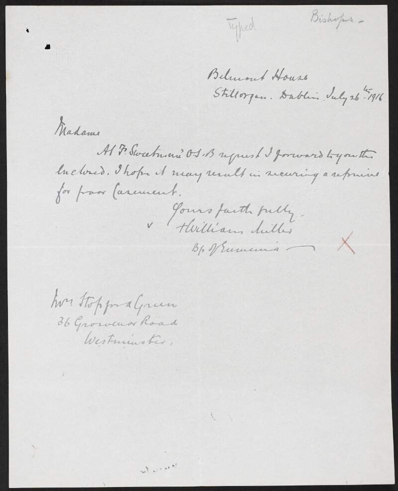 Letter from Bishop William Miller to Alice Stopford Green regarding Roger Casement,